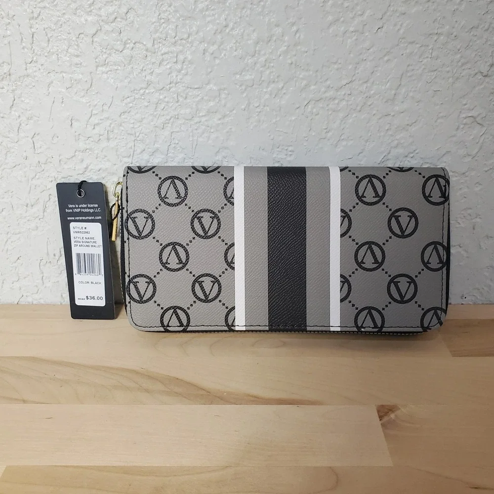 Vera Signature Zip Around Wallet Black And Gray Style VNWS22952 Gold Zipper NEW